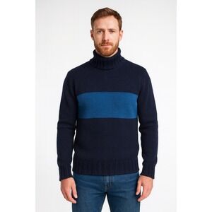 LARDINI Navy Blue Wool Chunky Knit Turtleneck Sweater Men Size 48 Medium Italy